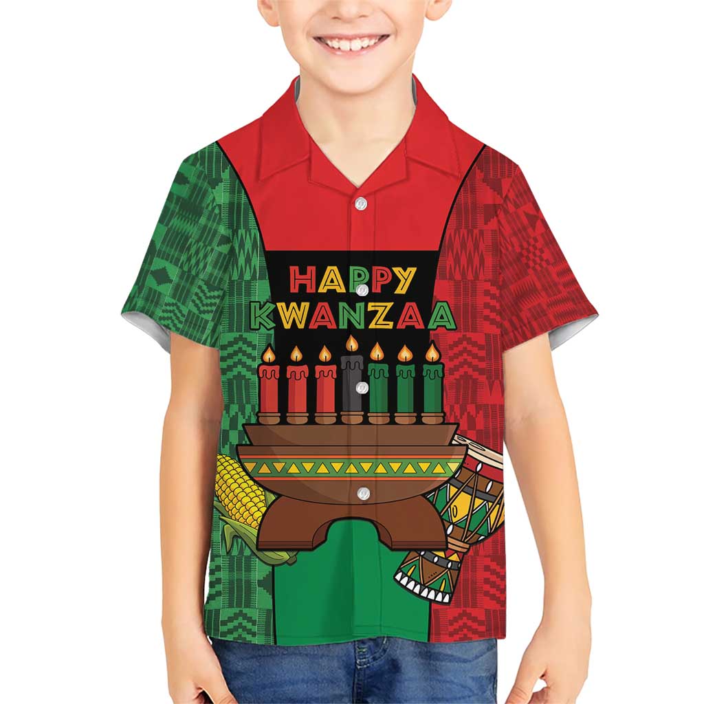 Personalized Happy Kwanzaa Family Matching Short Sleeve Bodycon Dress and Hawaiian Shirt Kinara With Kente Pattern - Shopicos