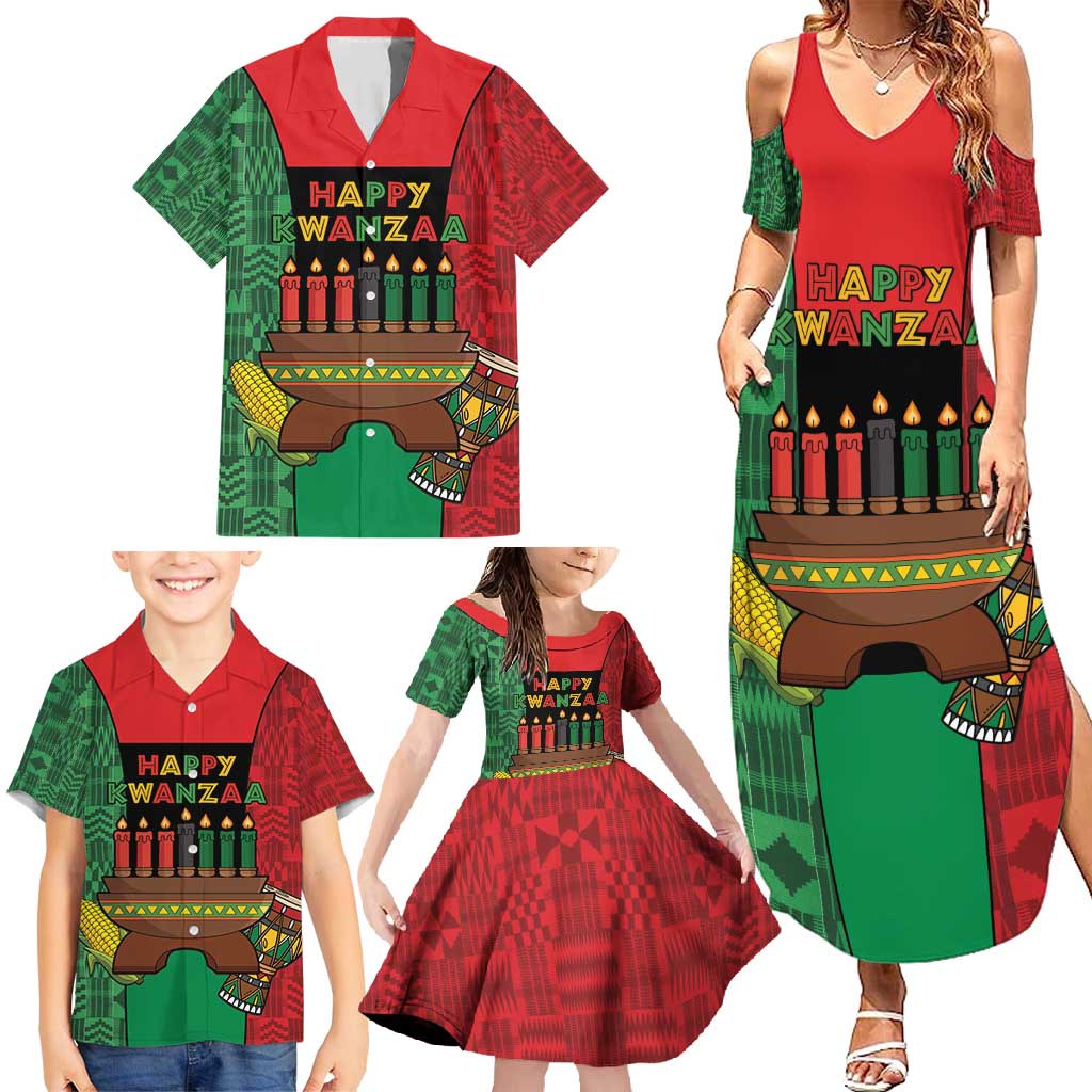 Personalized Happy Kwanzaa Family Matching Summer Maxi Dress and Hawaiian Shirt Kinara With Kente Pattern - Shopicos