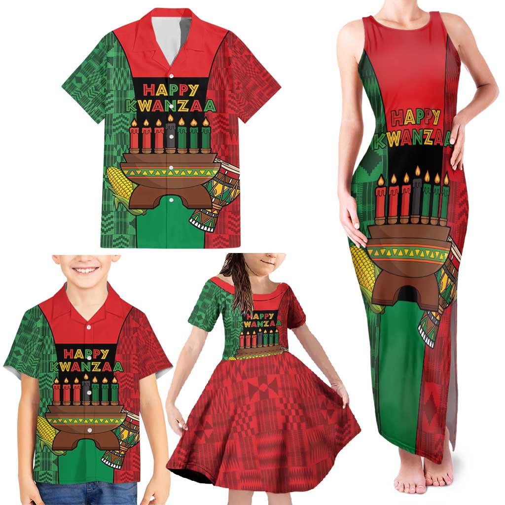 Personalized Happy Kwanzaa Family Matching Tank Maxi Dress and Hawaiian Shirt Kinara With Kente Pattern - Shopicos