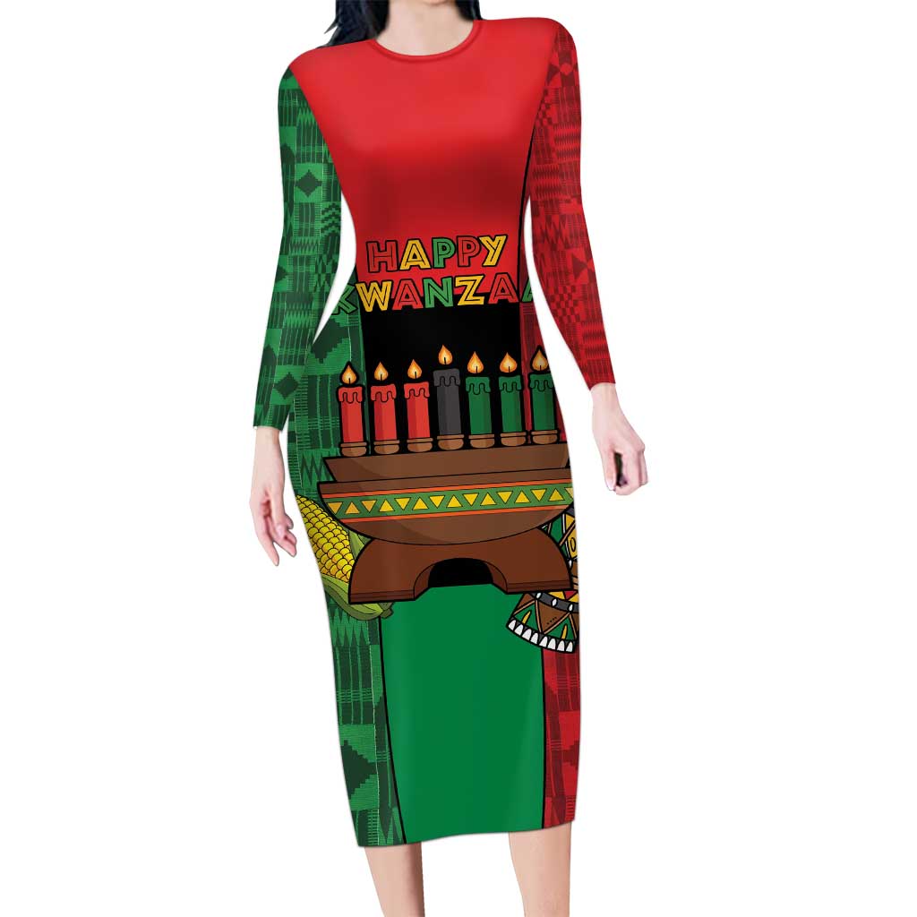 Personalized Happy Kwanzaa Long Sleeve Bodycon Dress Kinara With Kente Pattern - Shopicos