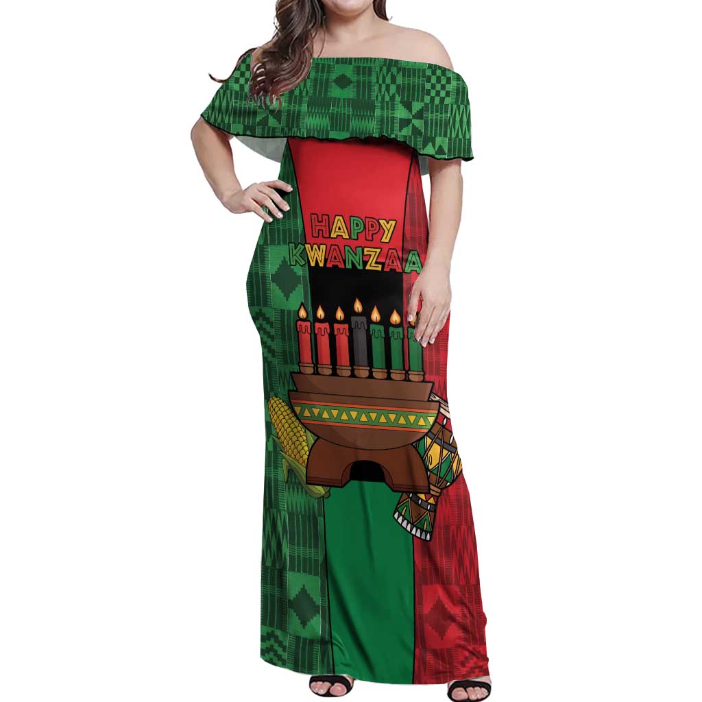 Personalized Happy Kwanzaa Off Shoulder Maxi Dress Kinara With Kente Pattern - Shopicos