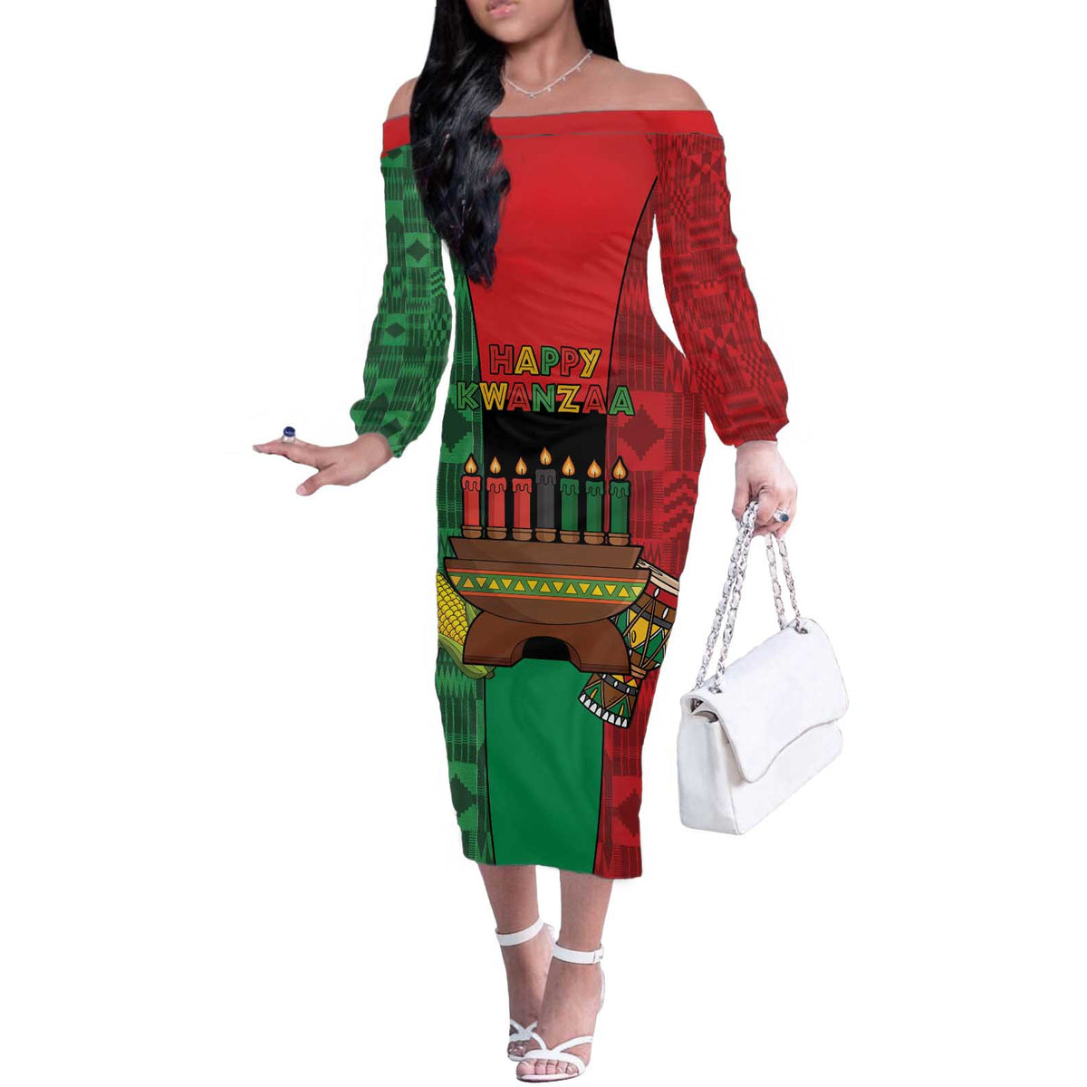 Personalized Happy Kwanzaa Off The Shoulder Long Sleeve Dress Kinara With Kente Pattern - Shopicos