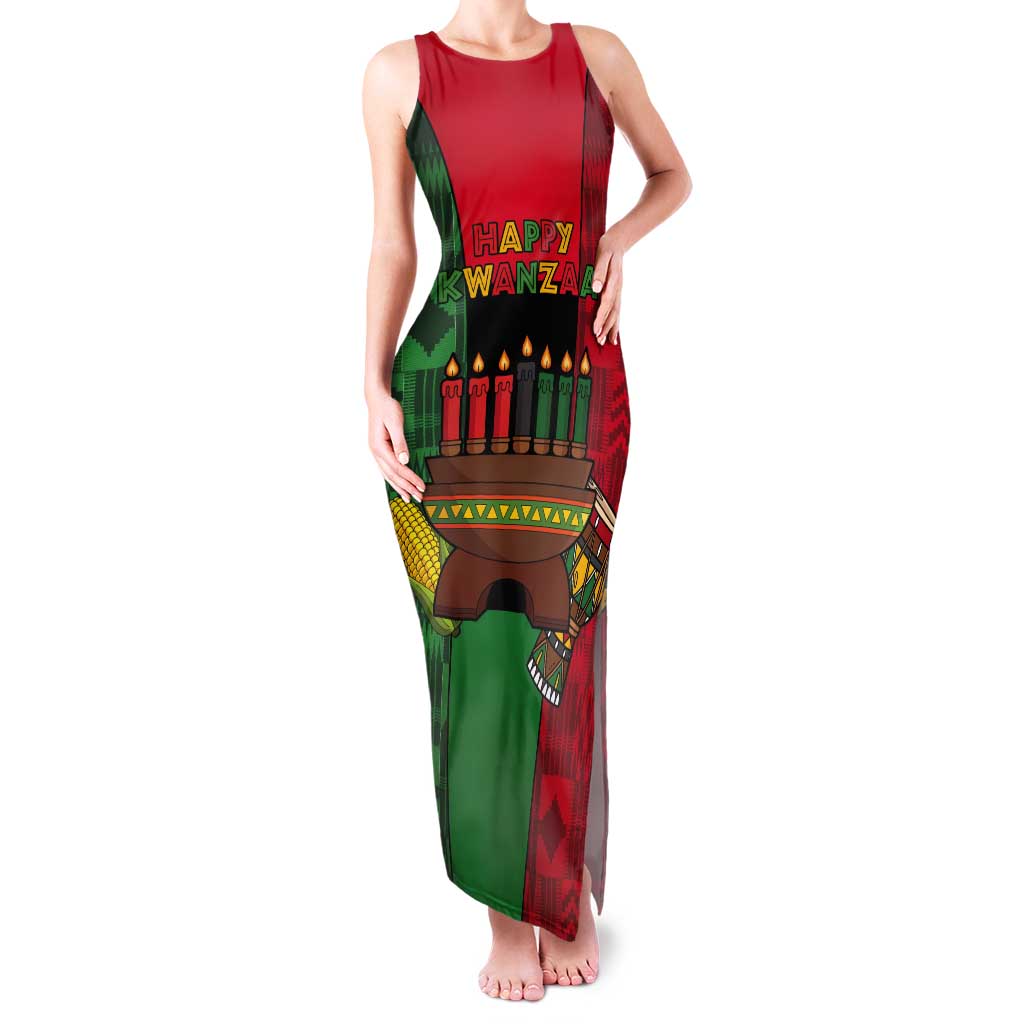 Personalized Happy Kwanzaa Tank Maxi Dress Kinara With Kente Pattern - Shopicos