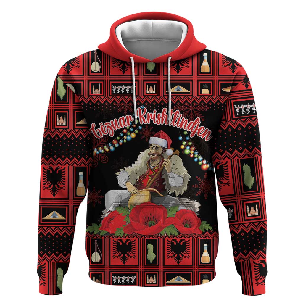 Personalized Albania Christmas Hoodie Albanian Man Playing Lahuta With Red Poppy - Shopicos