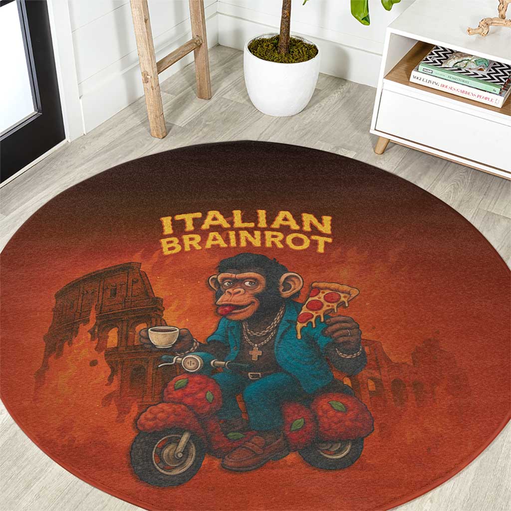 Italian Brainrot Meme Round Carpet Chaotic Chimp Mobster Vespa Ride - Shopicos
