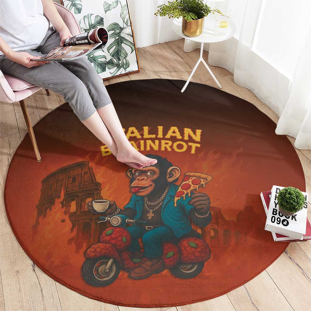 Italian Brainrot Meme Round Carpet Chaotic Chimp Mobster Vespa Ride - Shopicos