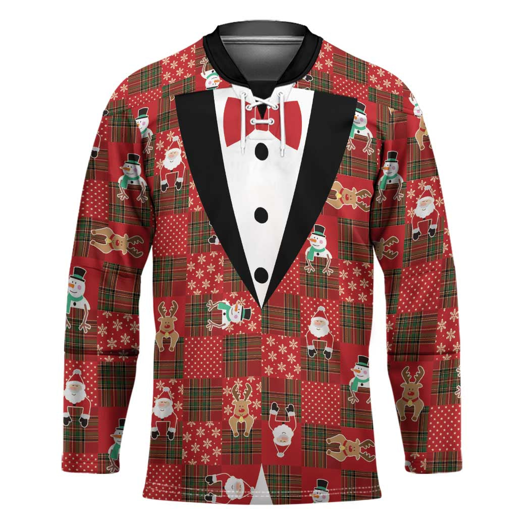 Christmas Patchwork Fake Tuxedo Hockey Jersey Santa and Reindeer Red Plaid Style - Shopicos