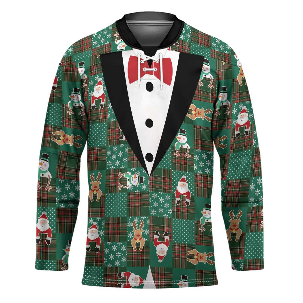 Christmas Patchwork Fake Tuxedo Hockey Jersey Santa and Reindeer Green Plaid Style - Shopicos