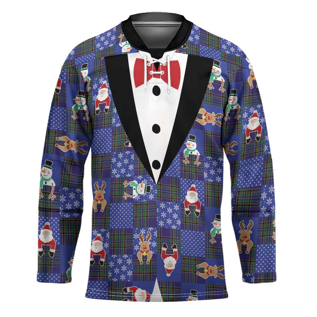 Christmas Patchwork Fake Tuxedo Hockey Jersey Santa and Reindeer Blue Plaid Style - Shopicos