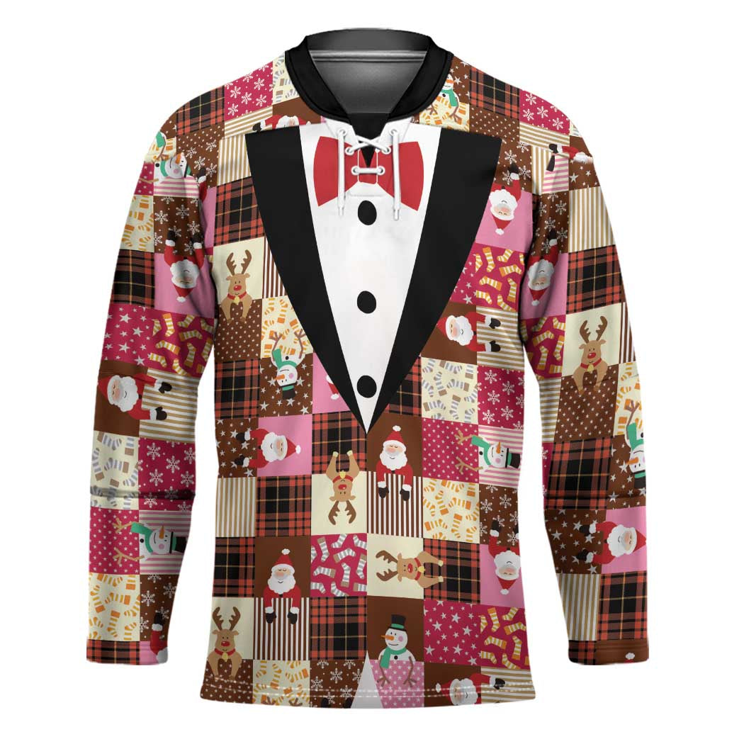 Christmas Patchwork Fake Tuxedo Hockey Jersey Santa and Reindeer Pink Plaid Style - Shopicos