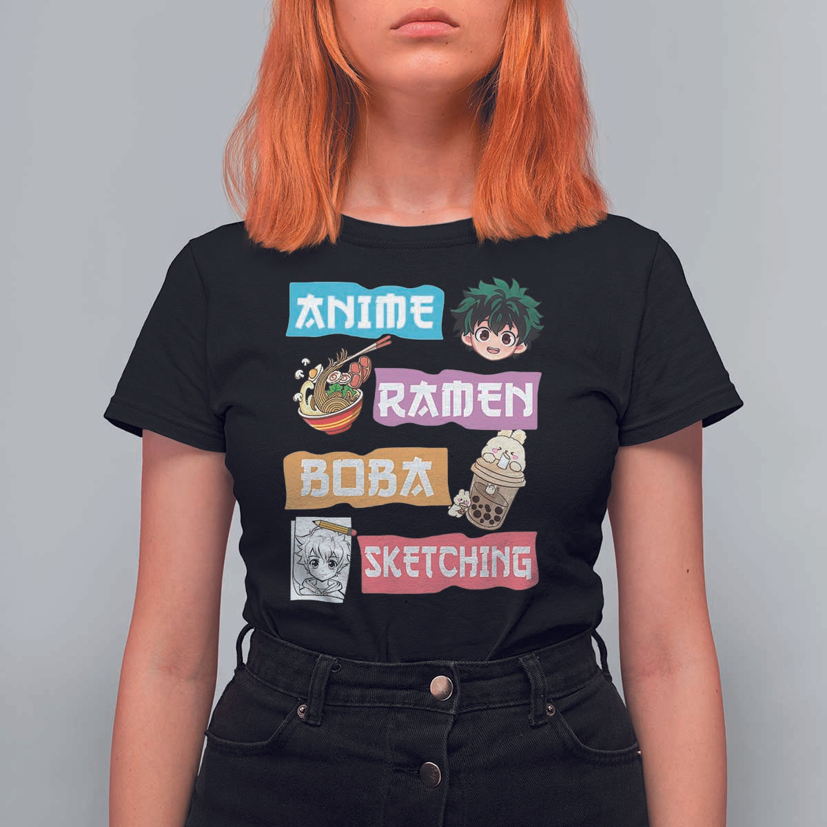 Anime Ramen Boba Sketching T Shirt For Women Kawaii Otaku Anime Manga Japanese Pop Culture Cute Graphic - Shopicos