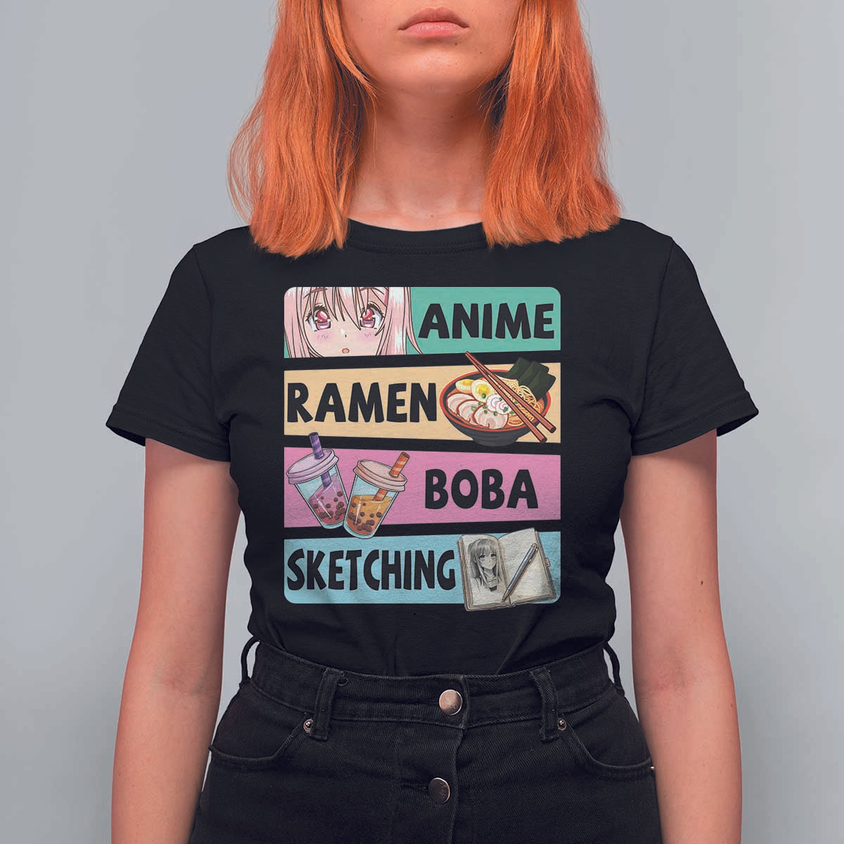 Anime Ramen Boba Sketching T Shirt For Women Kawaii Otaku Manga Lover Japanese Pop Culture - Shopicos