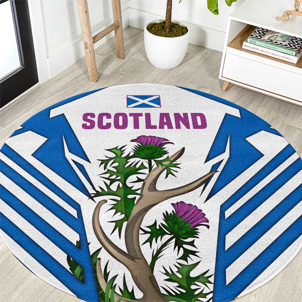 Scotland Thistle and Saltire Round Carpet with Blue and White National Design - Shopicos