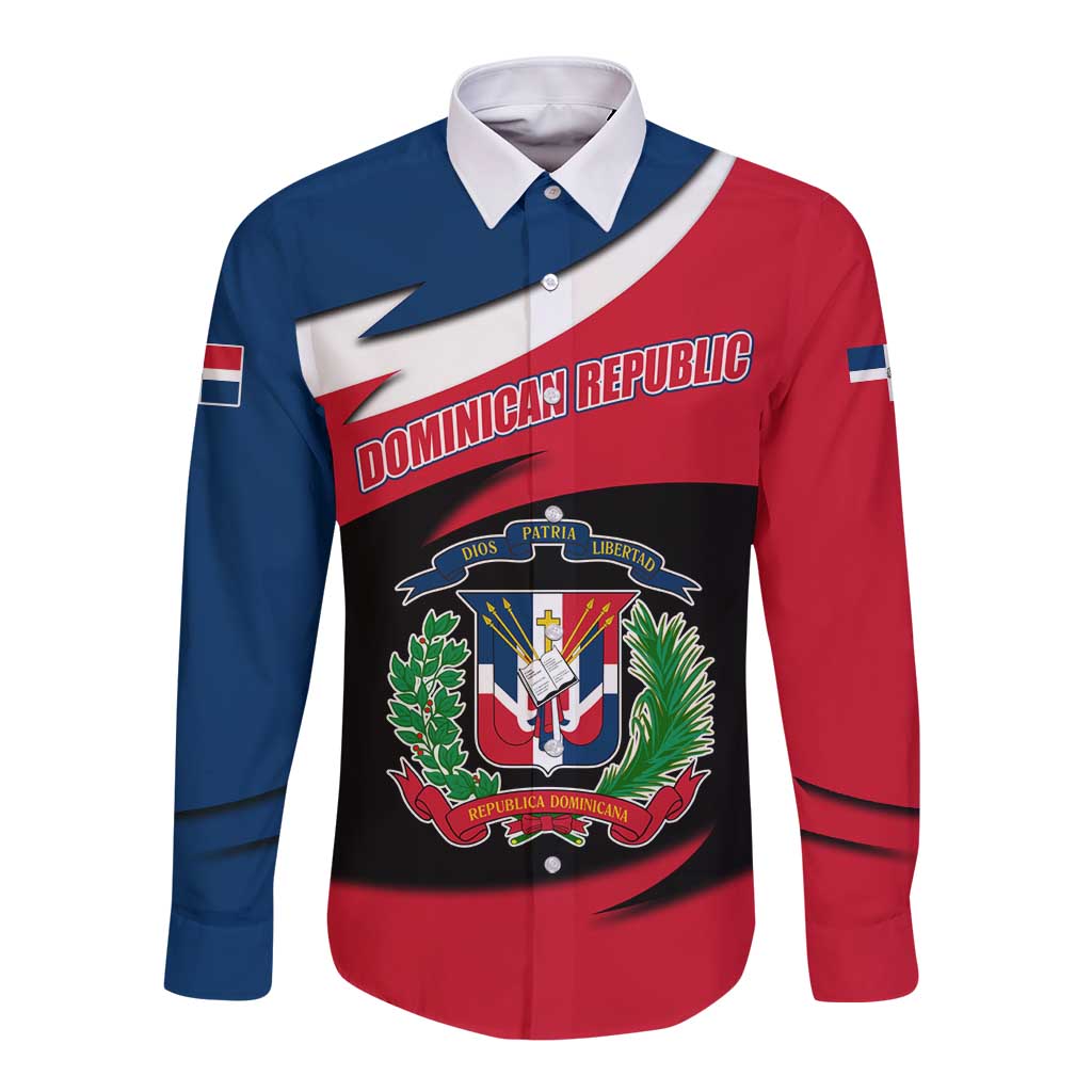 Dominican Republic Flag Long Sleeve Button Shirt with Map National Coat of Arms Island Silhouette - Shopicos
