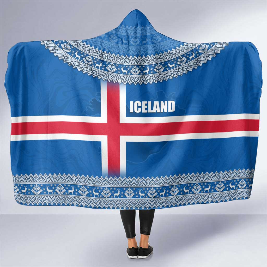 Iceland Flag Hooded Blanket with Icelandic Crest and Traditional Nordic Knit Pattern Design