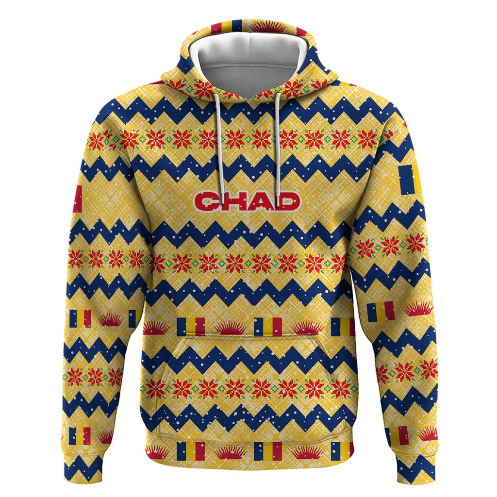 Chad Christmas Hoodie with Yellow-Blue Geometric Design, National Coat of Arms, and Festive Motif - Shopicos