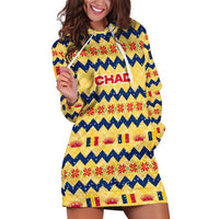 Chad Christmas Hoodie Dress with Yellow-Blue Geometric Design, National Coat of Arms, and Festive Motif - Shopicos