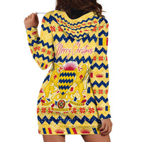 Chad Christmas Hoodie Dress with Yellow-Blue Geometric Design, National Coat of Arms, and Festive Motif - Shopicos