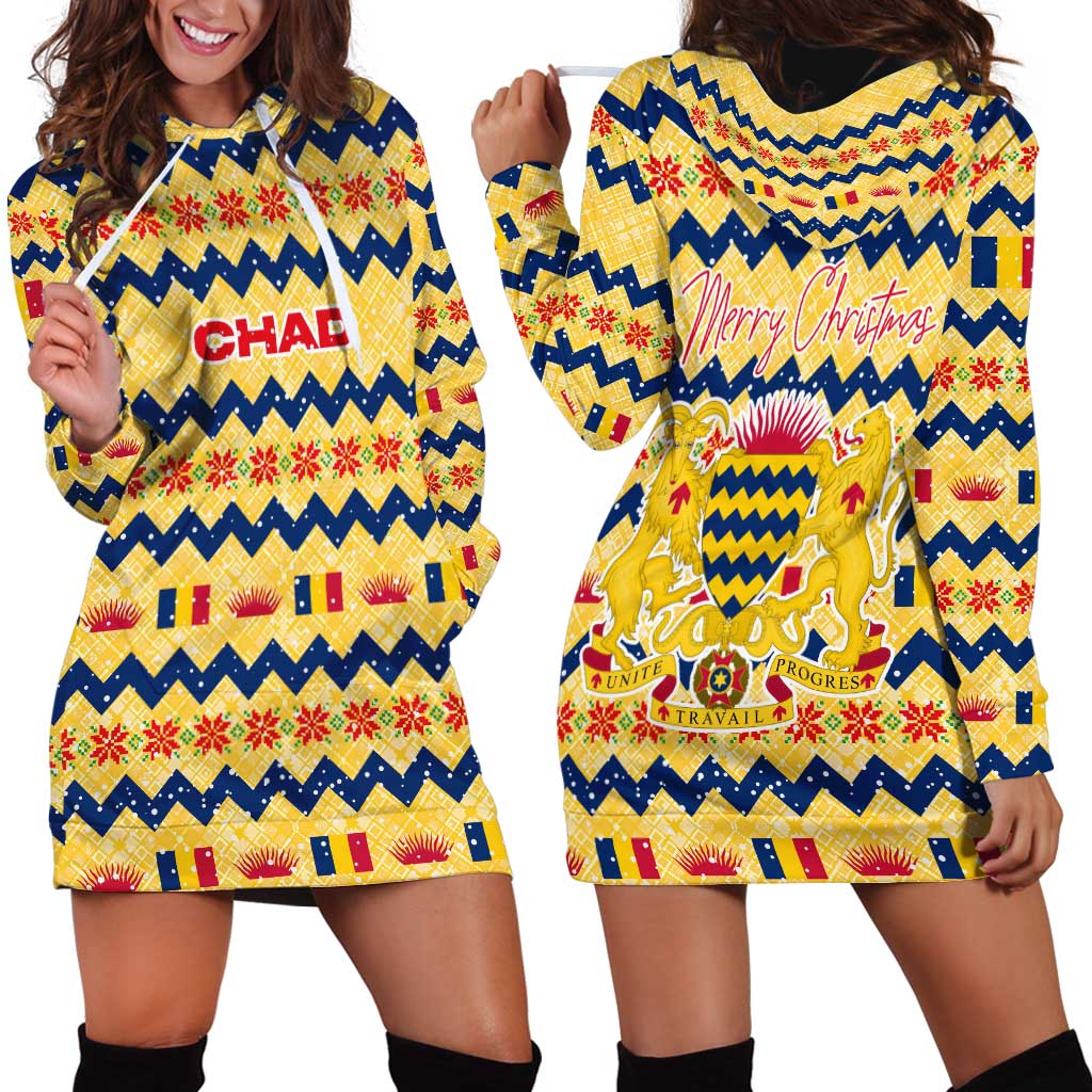 Chad Christmas Hoodie Dress with Yellow-Blue Geometric Design, National Coat of Arms, and Festive Motif - Shopicos