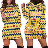 Chad Christmas Hoodie Dress with Yellow-Blue Geometric Design, National Coat of Arms, and Festive Motif - Shopicos