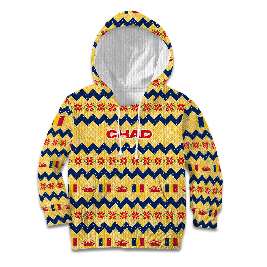 Chad Christmas Kid Hoodie with Yellow-Blue Geometric Design, National Coat of Arms, and Festive Motif - Shopicos