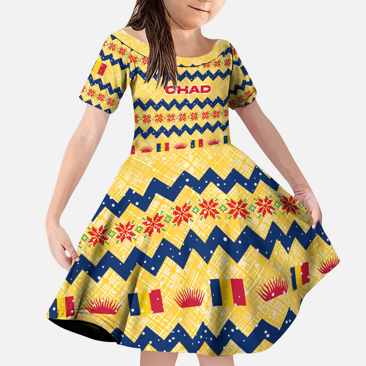 Chad Christmas Kid Short Sleeve Dress with Yellow-Blue Geometric Design, National Coat of Arms, and Festive Motif - Shopicos