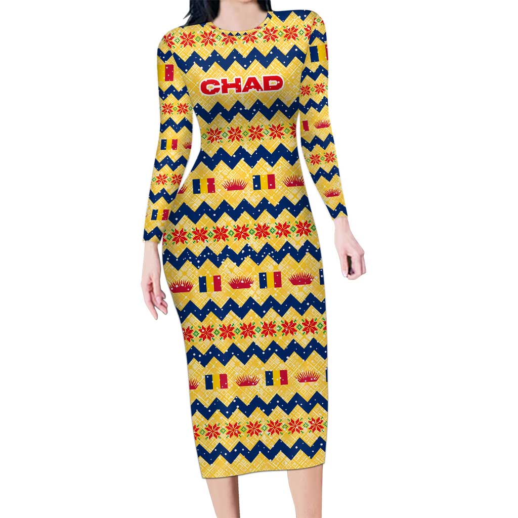 Chad Christmas Long Sleeve Bodycon Dress with Yellow-Blue Geometric Design, National Coat of Arms, and Festive Motif - Shopicos