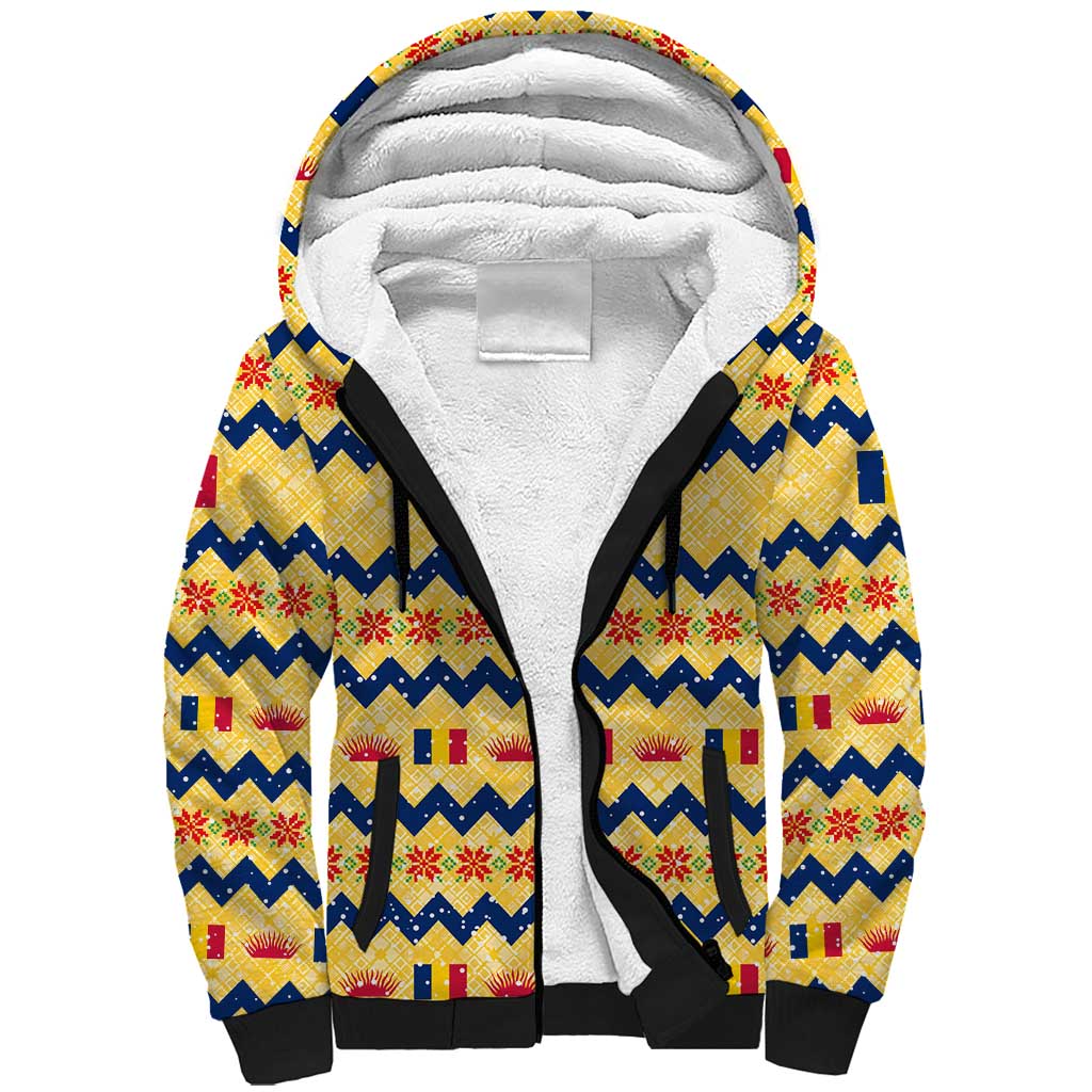 Chad Christmas Sherpa Hoodie with Yellow-Blue Geometric Design, National Coat of Arms, and Festive Motif - Shopicos