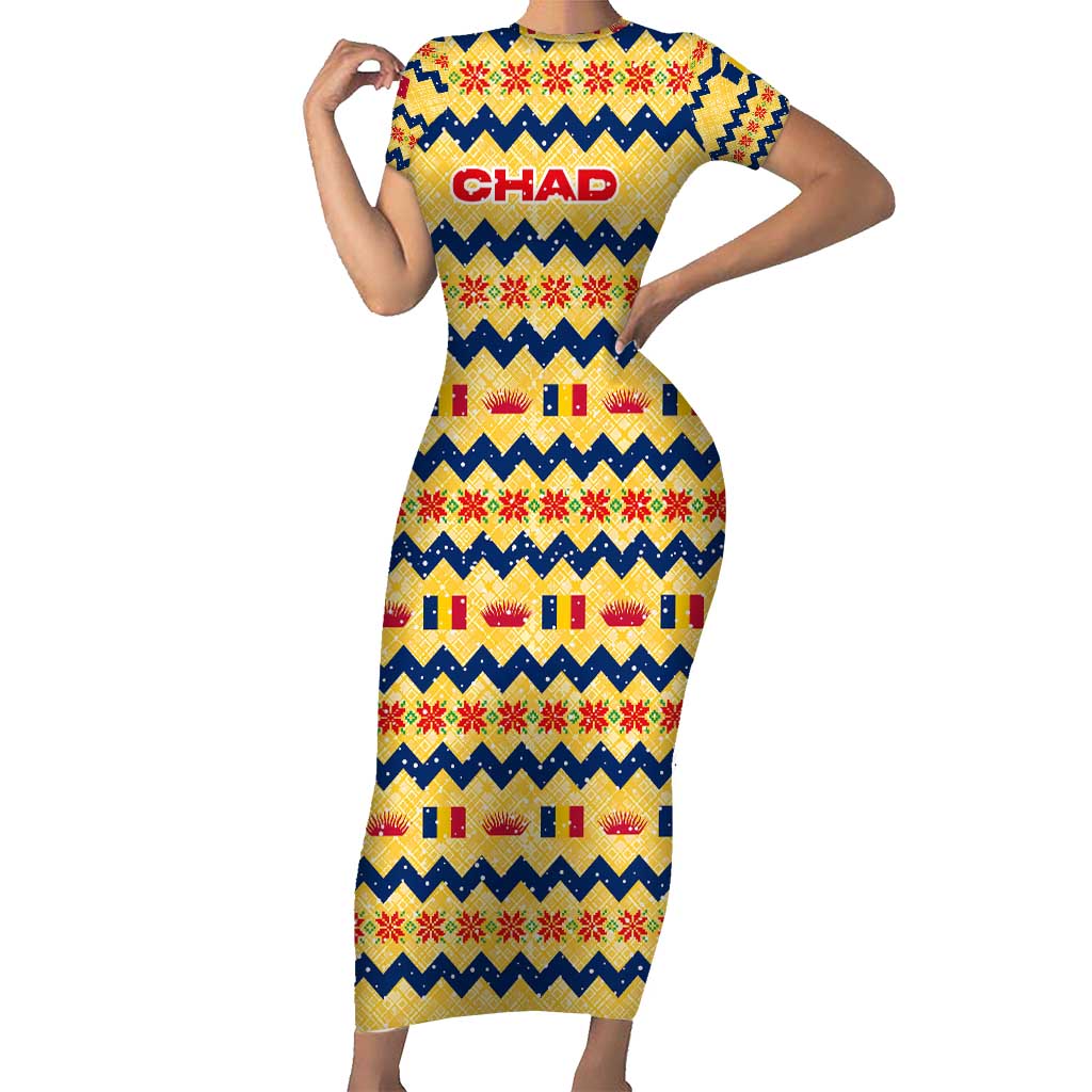 Chad Christmas Short Sleeve Bodycon Dress with Yellow-Blue Geometric Design, National Coat of Arms, and Festive Motif - Shopicos