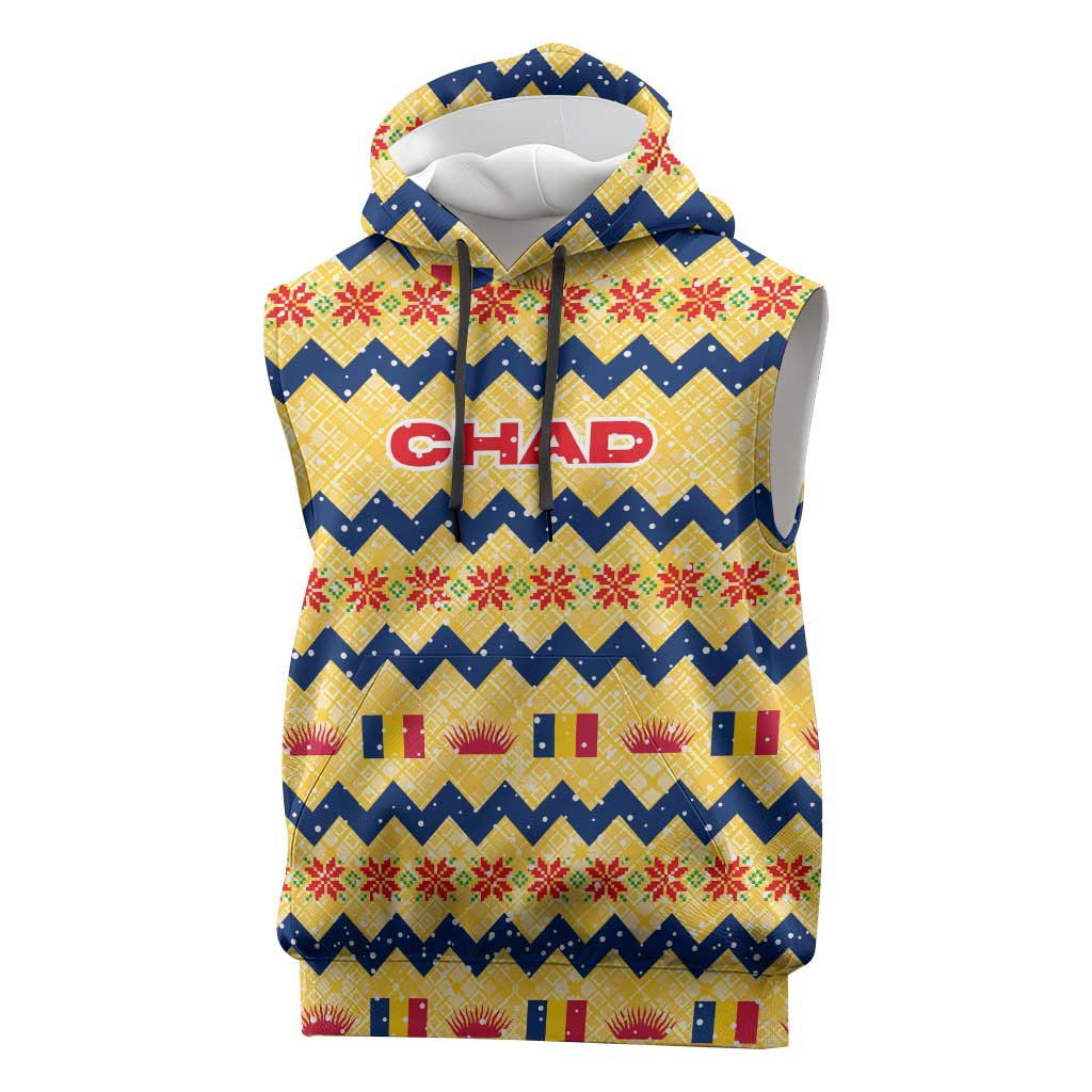 Chad Christmas Sleeveless Hoodie with Yellow-Blue Geometric Design, National Coat of Arms, and Festive Motif - Shopicos