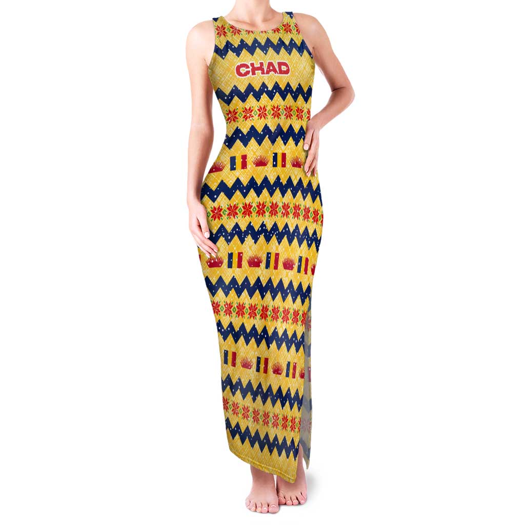 Chad Christmas Tank Maxi Dress with Yellow-Blue Geometric Design, National Coat of Arms, and Festive Motif - Shopicos