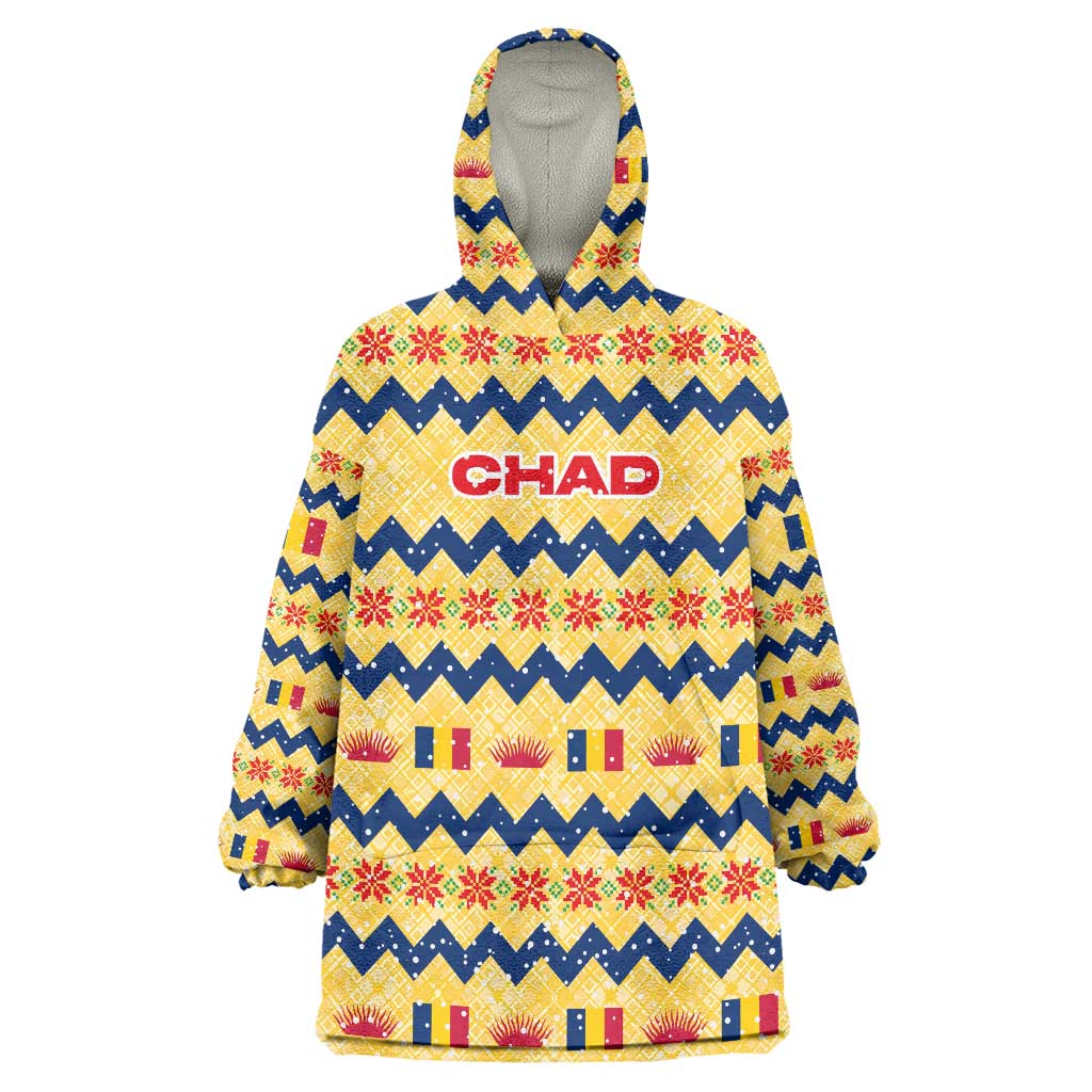 Chad Christmas Wearable Blanket Hoodie with Yellow-Blue Geometric Design, National Coat of Arms, and Festive Motif - Shopicos