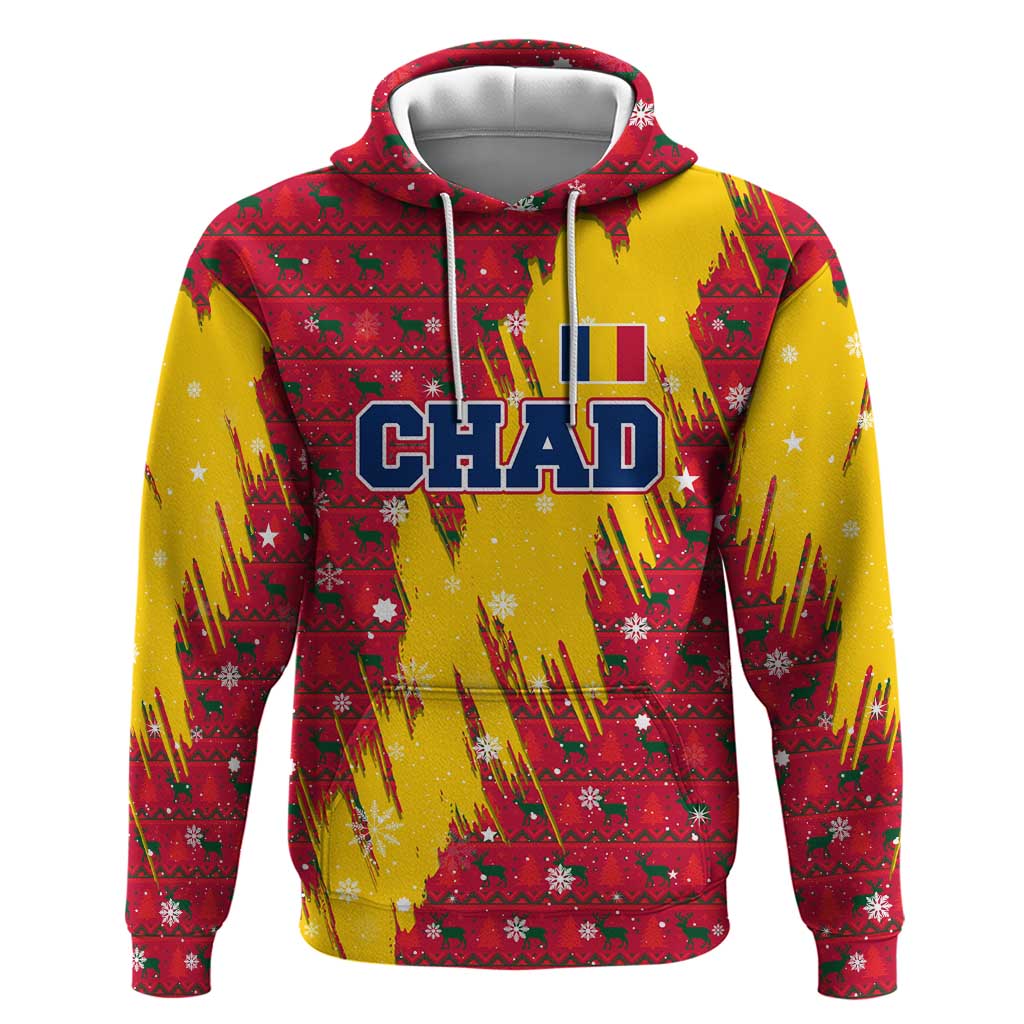 Chad Christmas Hoodie with Red-Yellow Festive Pattern, National Coat of Arms, and Snowflake Accents - Shopicos