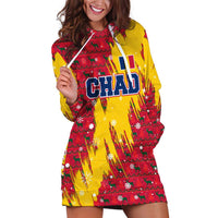 Chad Christmas Hoodie Dress with Red-Yellow Festive Pattern, National Coat of Arms, and Snowflake Accents - Shopicos
