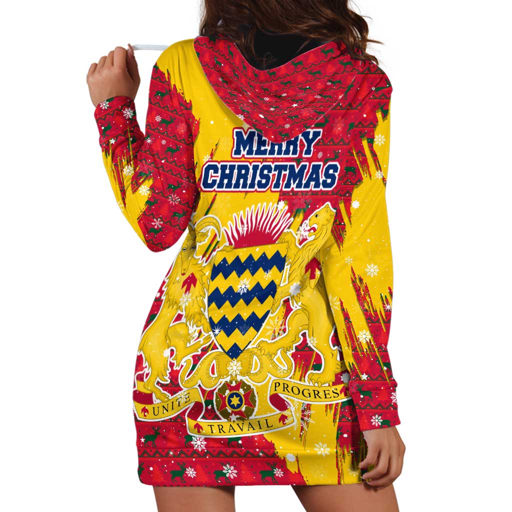 Chad Christmas Hoodie Dress with Red-Yellow Festive Pattern, National Coat of Arms, and Snowflake Accents - Shopicos