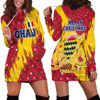 Chad Christmas Hoodie Dress with Red-Yellow Festive Pattern, National Coat of Arms, and Snowflake Accents - Shopicos