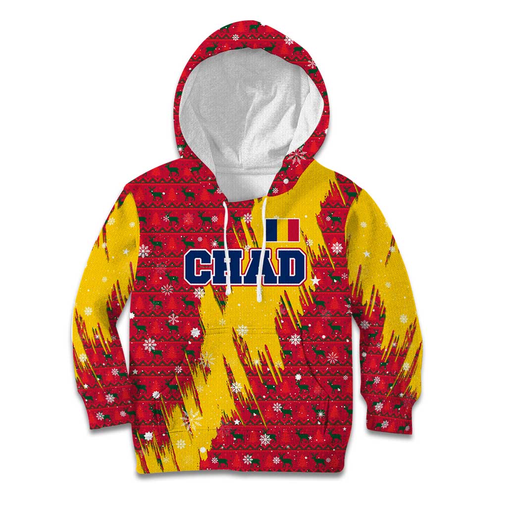 Chad Christmas Kid Hoodie with Red-Yellow Festive Pattern, National Coat of Arms, and Snowflake Accents - Shopicos