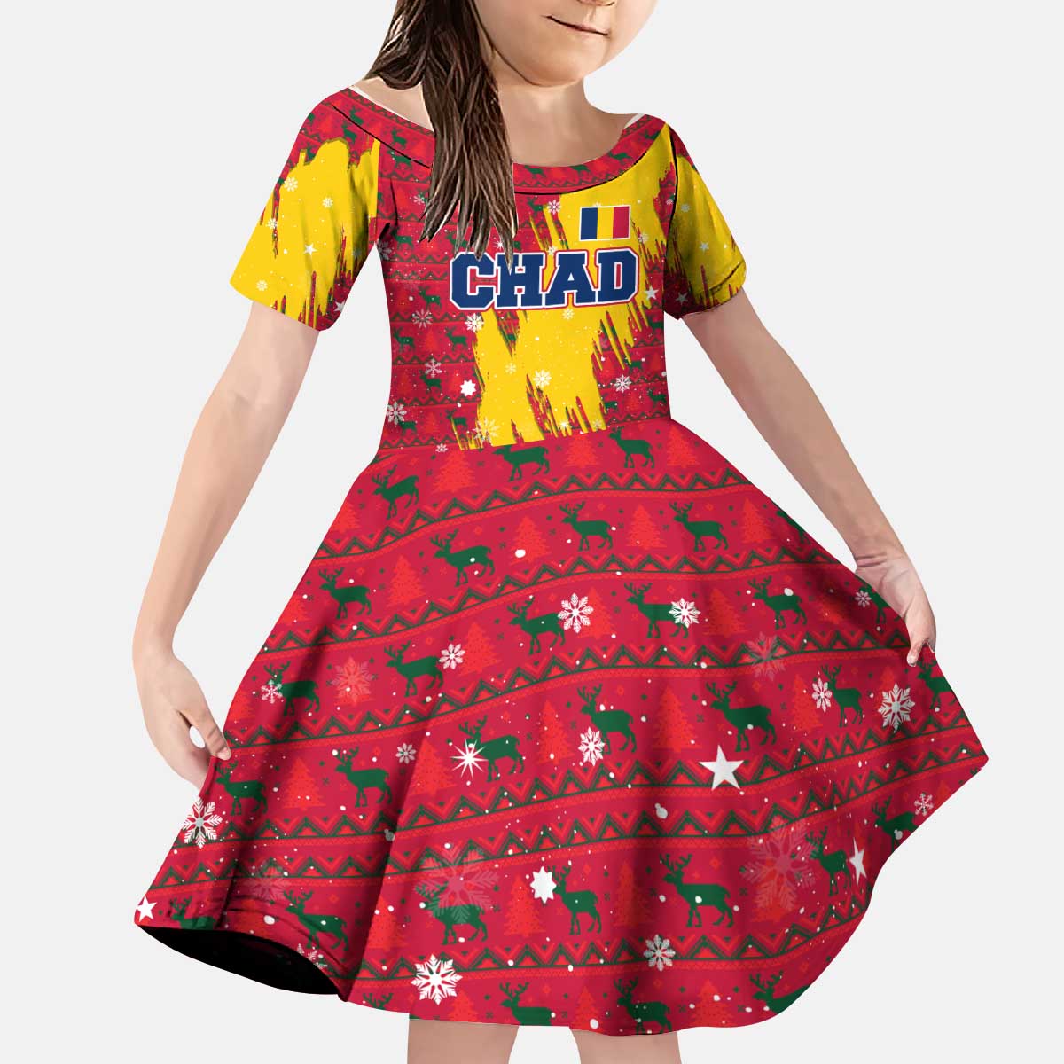 Chad Christmas Kid Short Sleeve Dress with Red-Yellow Festive Pattern, National Coat of Arms, and Snowflake Accents - Shopicos
