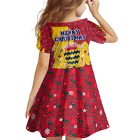 Chad Christmas Kid Short Sleeve Dress with Red-Yellow Festive Pattern, National Coat of Arms, and Snowflake Accents - Shopicos