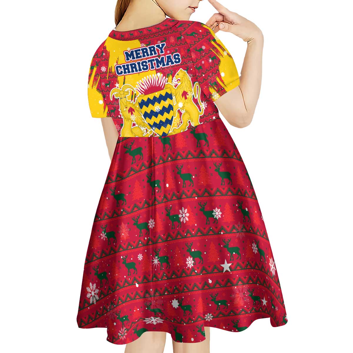 Chad Christmas Kid Short Sleeve Dress with Red-Yellow Festive Pattern, National Coat of Arms, and Snowflake Accents - Shopicos