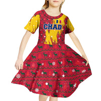 Chad Christmas Kid Short Sleeve Dress with Red-Yellow Festive Pattern, National Coat of Arms, and Snowflake Accents - Shopicos