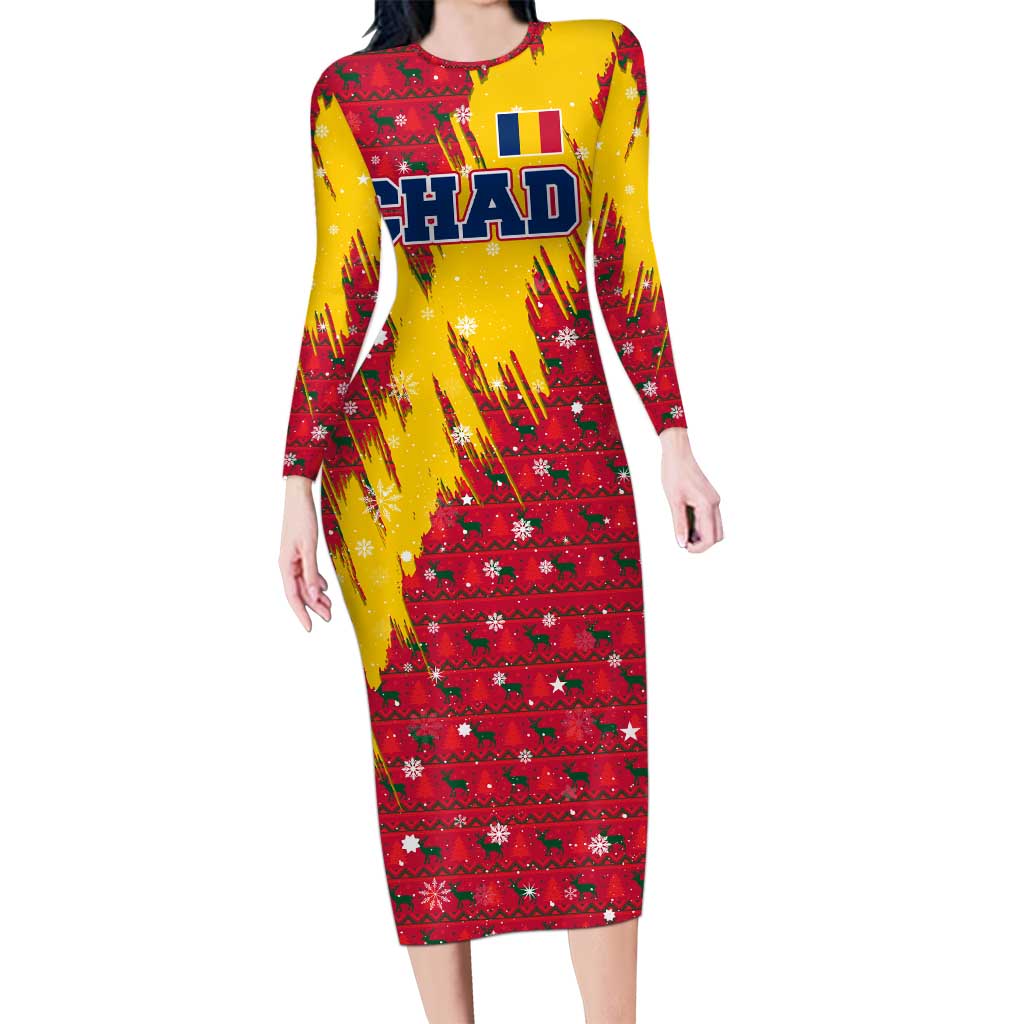 Chad Christmas Long Sleeve Bodycon Dress with Red-Yellow Festive Pattern, National Coat of Arms, and Snowflake Accents - Shopicos