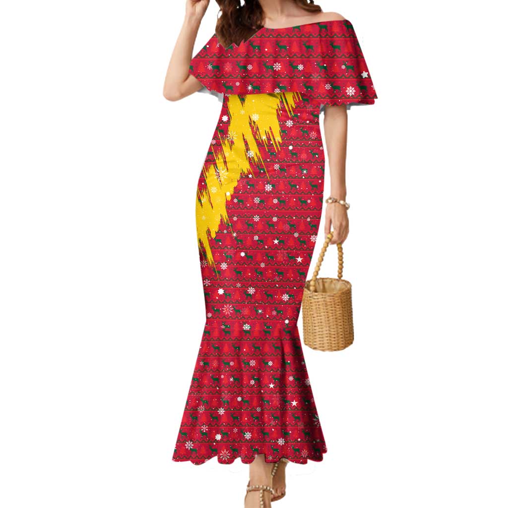 Chad Christmas Mermaid Dress with Red-Yellow Festive Pattern, National Coat of Arms, and Snowflake Accents - Shopicos