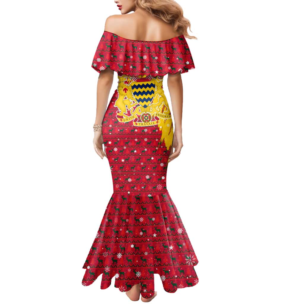Chad Christmas Mermaid Dress with Red-Yellow Festive Pattern, National Coat of Arms, and Snowflake Accents - Shopicos