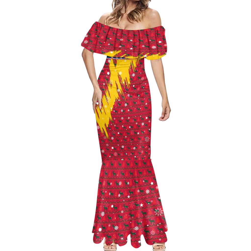 Chad Christmas Mermaid Dress with Red-Yellow Festive Pattern, National Coat of Arms, and Snowflake Accents - Shopicos