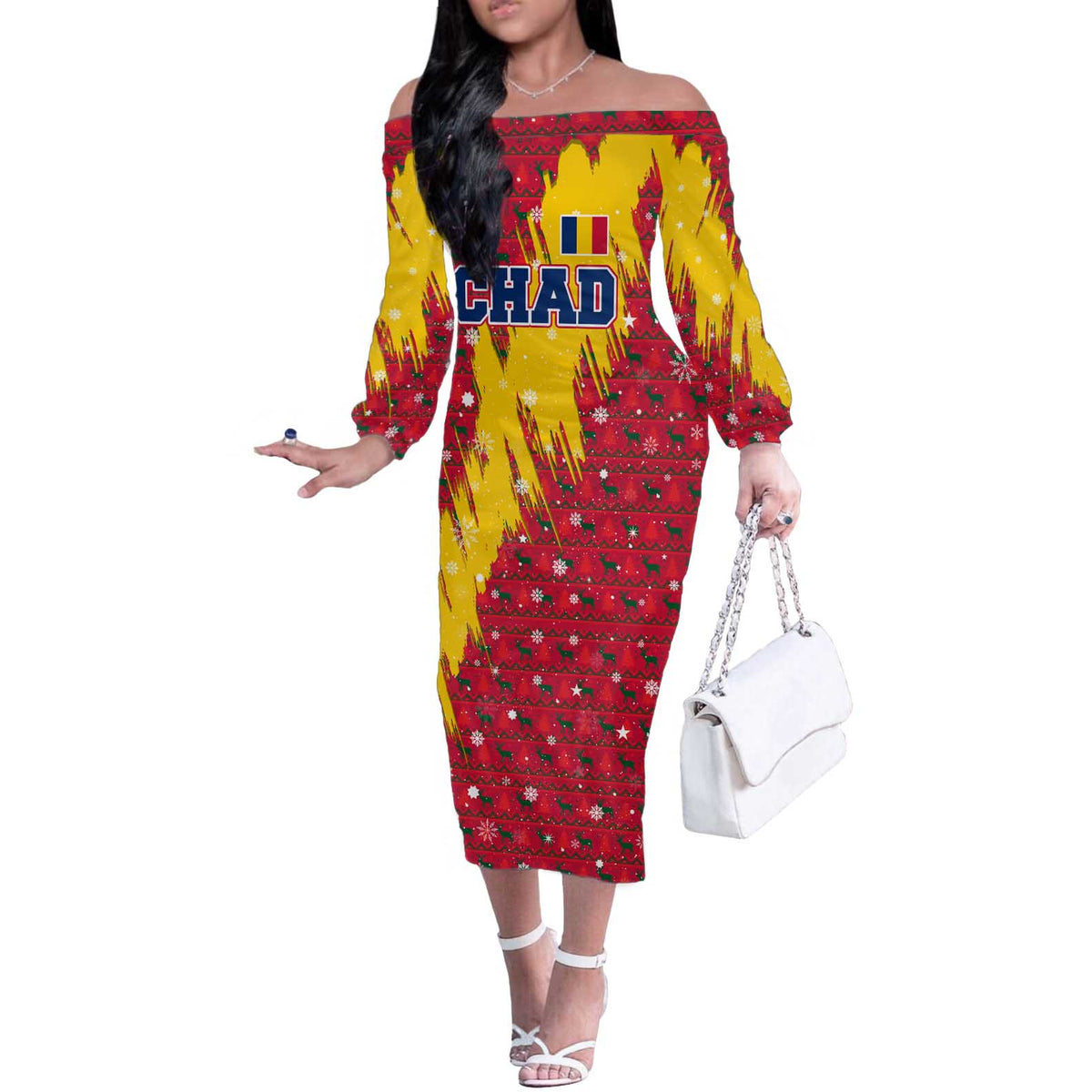 Chad Christmas Off The Shoulder Long Sleeve Dress with Red-Yellow Festive Pattern, National Coat of Arms, and Snowflake Accents - Shopicos