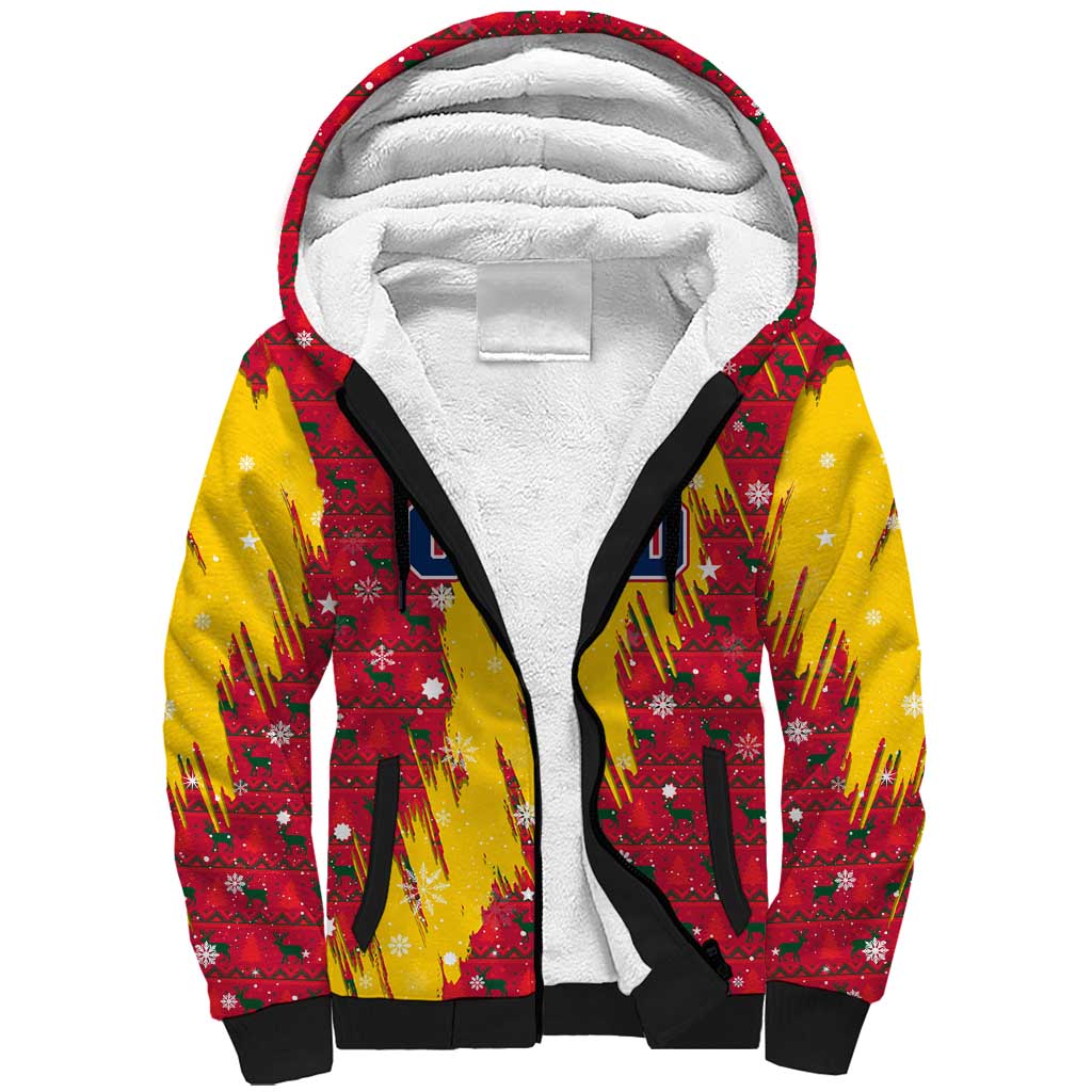 Chad Christmas Sherpa Hoodie with Red-Yellow Festive Pattern, National Coat of Arms, and Snowflake Accents - Shopicos