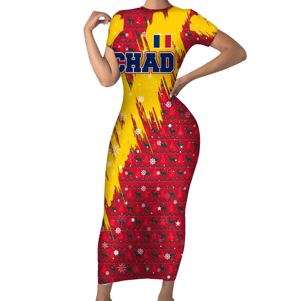 Chad Christmas Short Sleeve Bodycon Dress with Red-Yellow Festive Pattern, National Coat of Arms, and Snowflake Accents - Shopicos