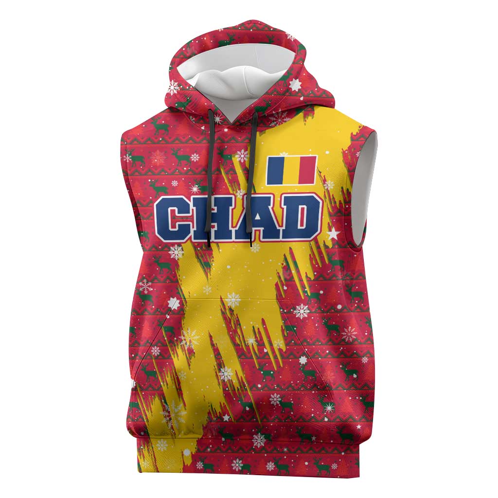 Chad Christmas Sleeveless Hoodie with Red-Yellow Festive Pattern, National Coat of Arms, and Snowflake Accents - Shopicos