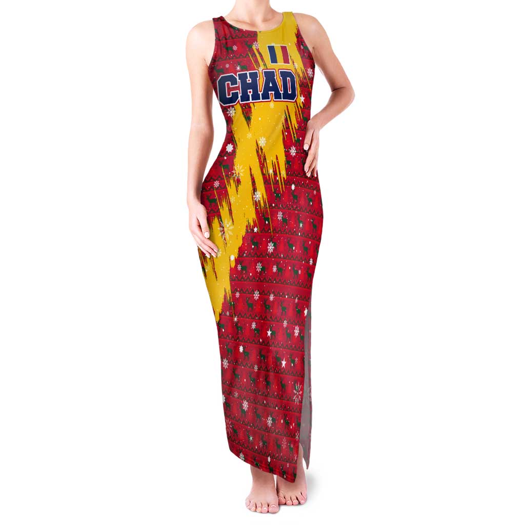 Chad Christmas Tank Maxi Dress with Red-Yellow Festive Pattern, National Coat of Arms, and Snowflake Accents - Shopicos